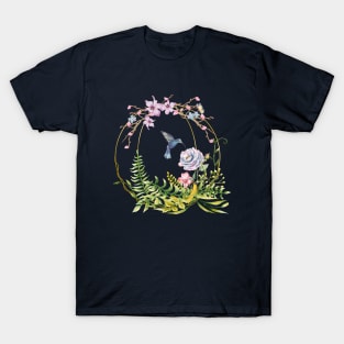 Glittering Golden Floral Hummingbird Terrarium T-Shirt